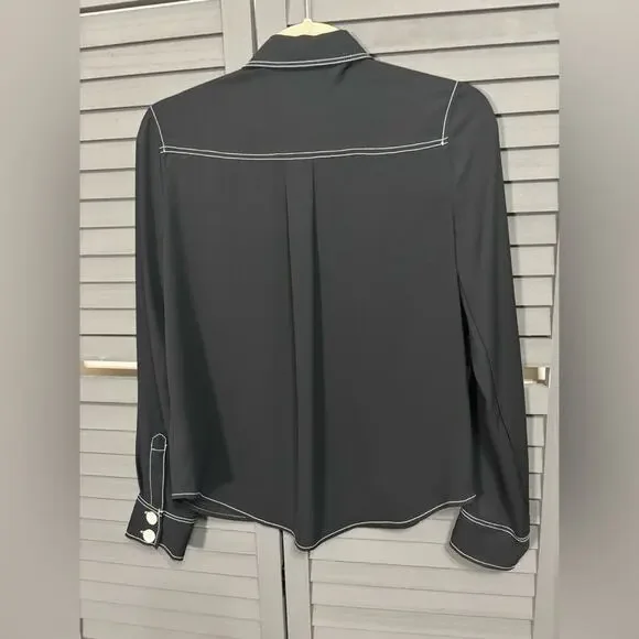 Express Black Button Down with White Topstitch Accents, Oversized Buttons XS - Picture 4 of 4